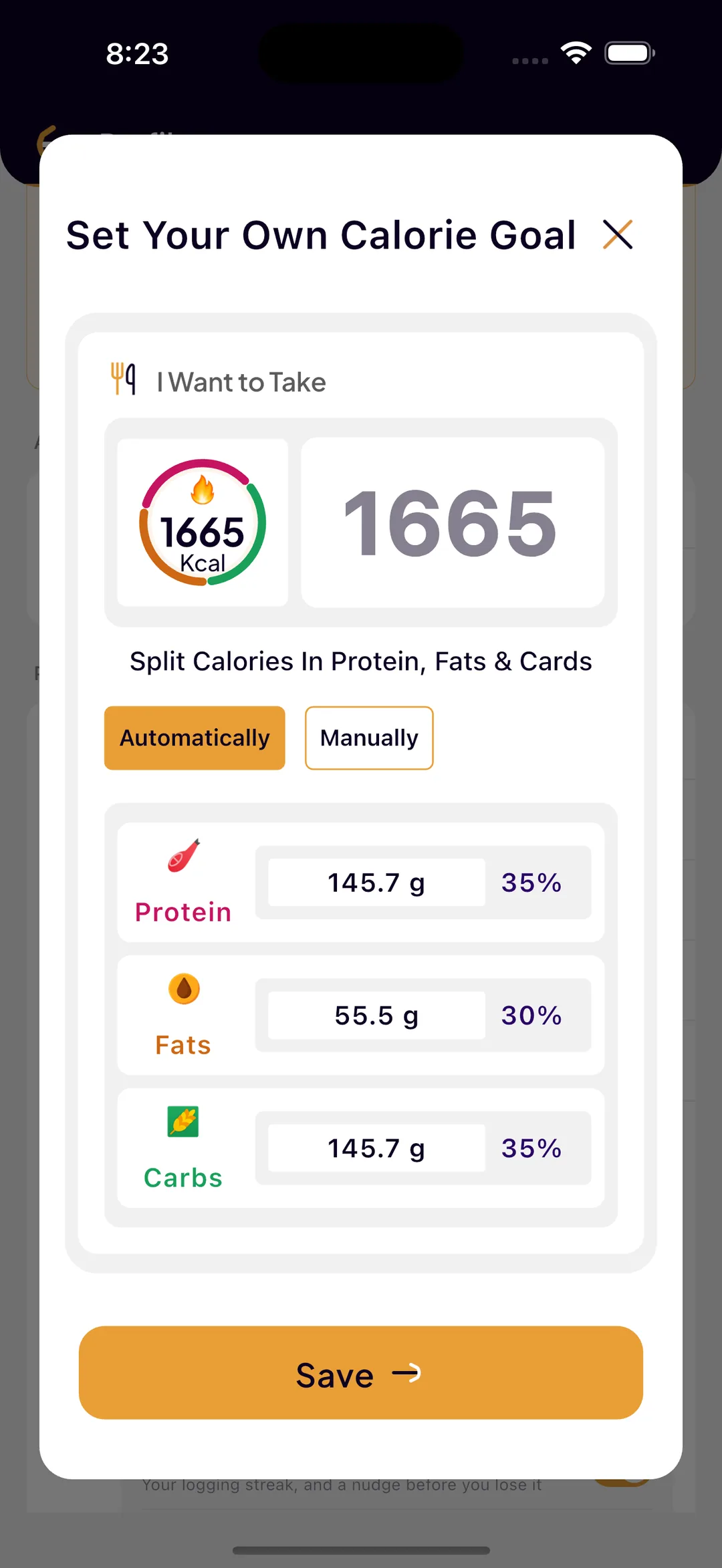 The Set Your Own Calorie Goal screen in SlimAI, with a 1,665 kcal target split into protein, fats and carbs in grams and percentages