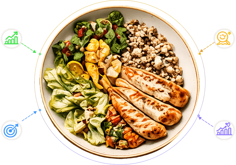 A bowl of grilled chicken with mixed leaves, roasted vegetables and grains