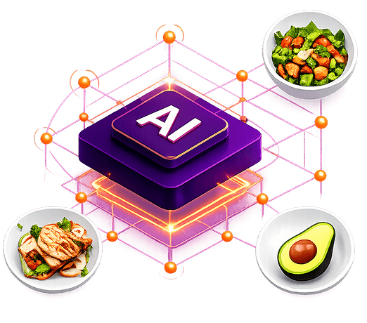 An AI chip wired to bowls of salad, grilled chicken and avocado