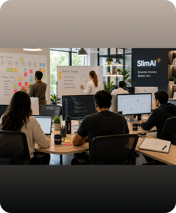 The SlimAI team at work in an open office, with user journey and nutrition strategy boards on the walls