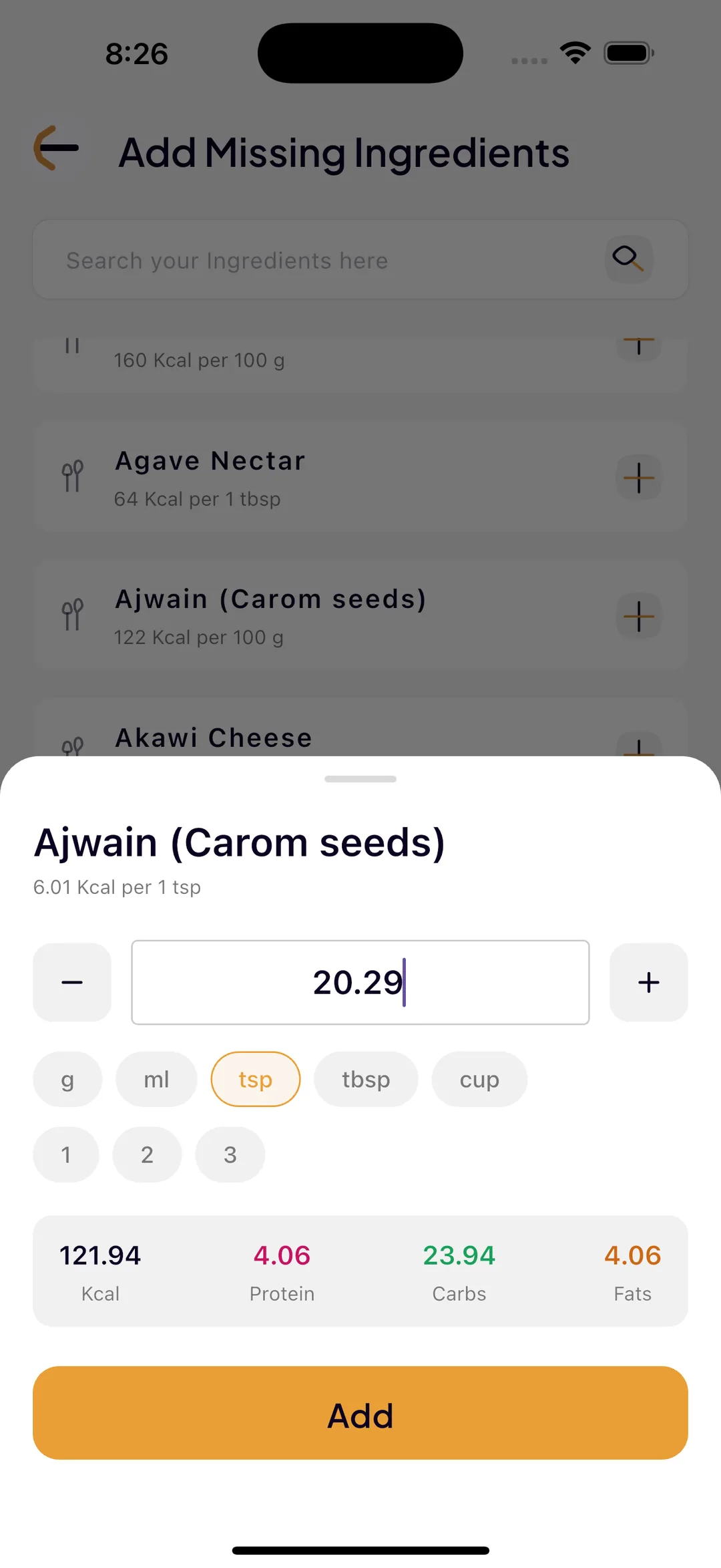 Adding a missing ingredient in SlimAI, choosing grams, millilitres, teaspoons, tablespoons or cups while calories and macros recalculate