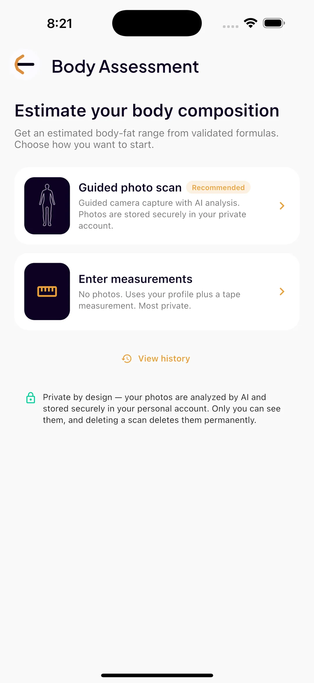The SlimAI Body Assessment start screen offering a recommended guided photo scan or a no-photo tape measurement option, with a private-by-design note