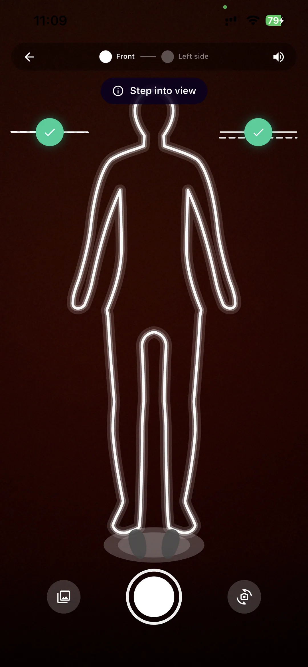 The guided body scan camera in SlimAI with an on-screen silhouette, alignment checks turning green, and voice guidance