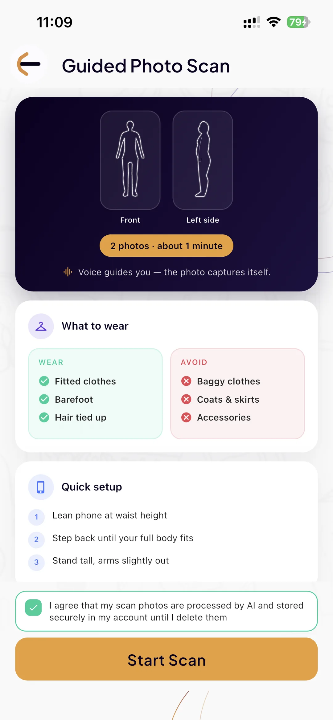 The Guided Photo Scan setup in SlimAI: two photos in about a minute, what to wear, how to place the phone, and a consent checkbox before the scan starts