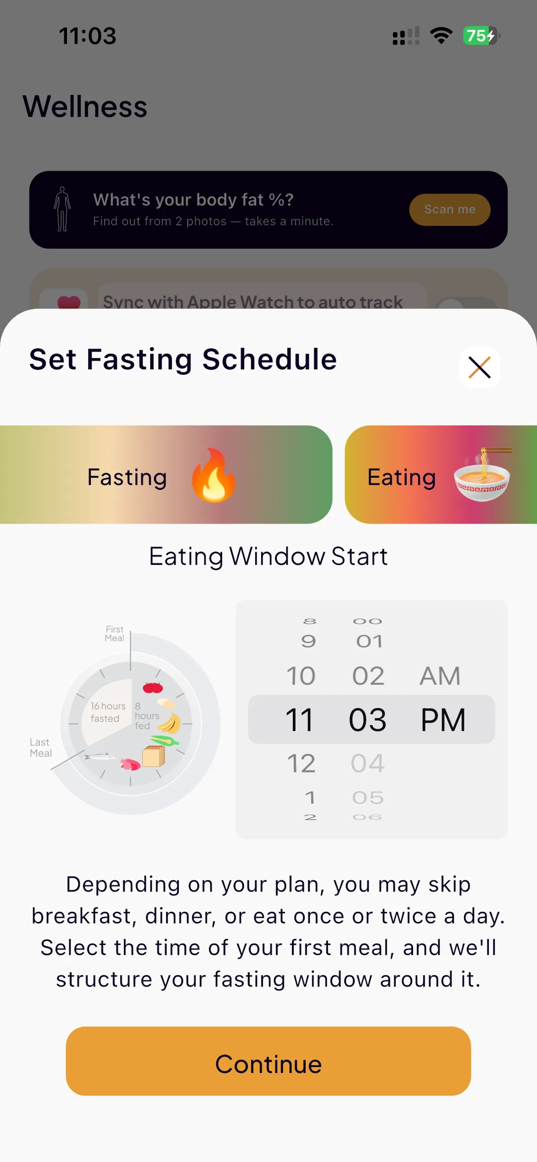 Setting a fasting schedule in SlimAI by picking the time of the first meal, with a clock showing 16 hours fasted and 8 hours fed