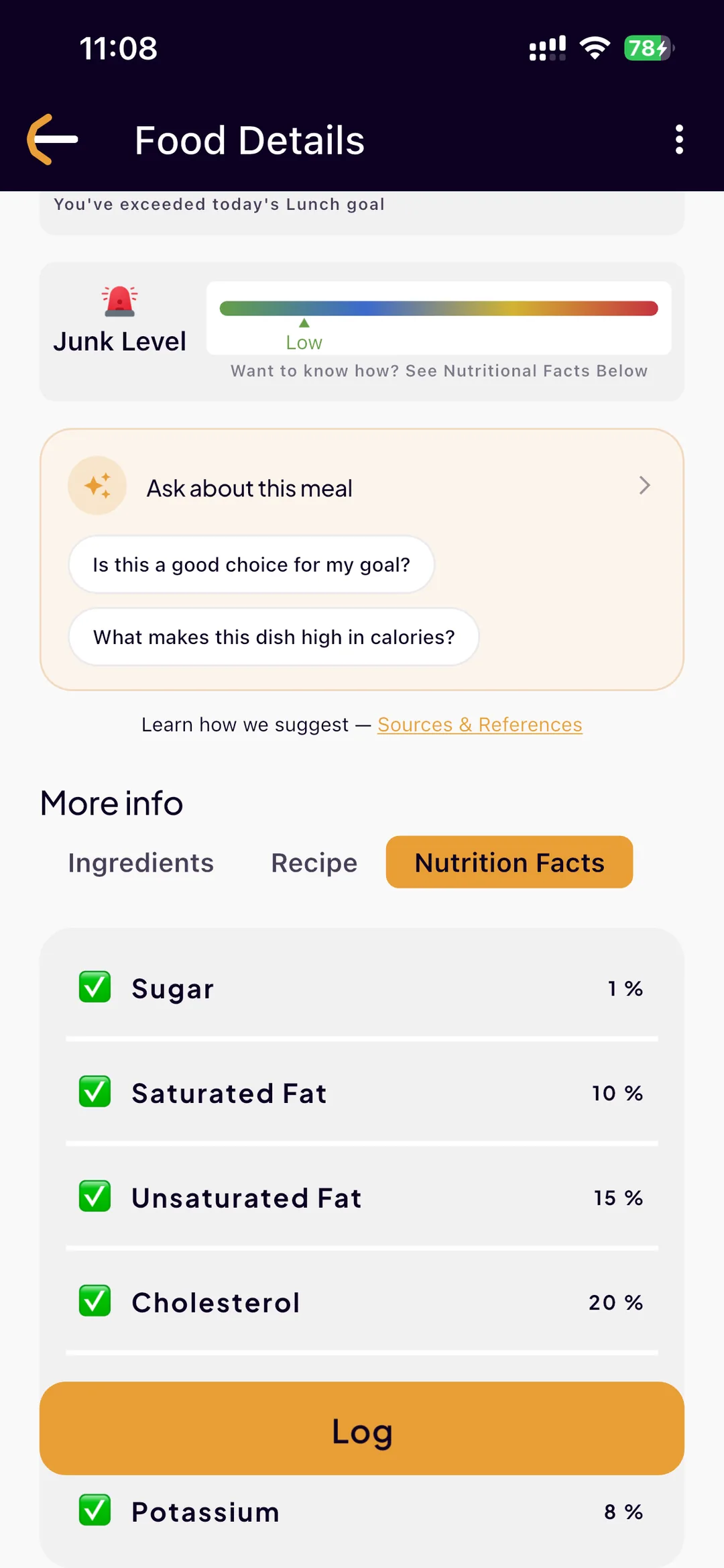 The nutrition facts tab in SlimAI listing sugar, saturated fat, unsaturated fat, cholesterol and potassium as percentages