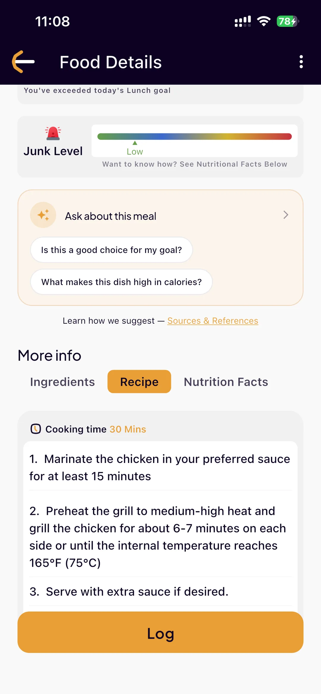 The recipe tab in SlimAI showing a 30-minute cooking time and numbered steps for grilled chicken