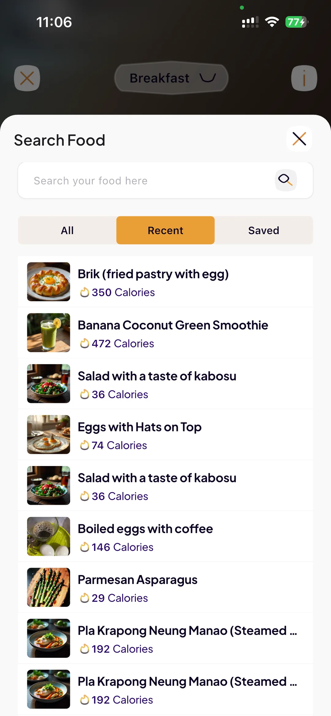 Food search in SlimAI with All, Recent and Saved tabs and a list of dishes with photos and calorie counts