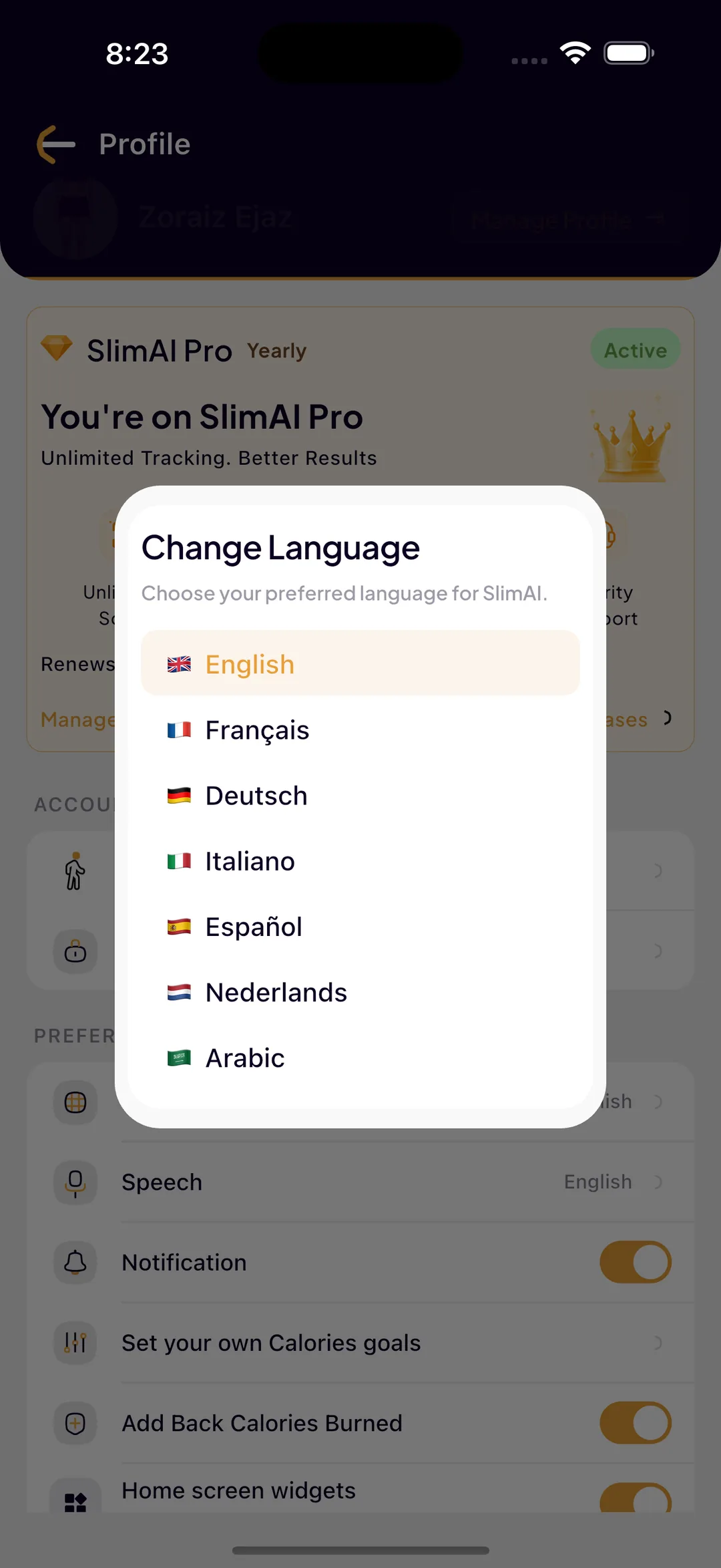 The Change Language screen in SlimAI listing English, French, German, Italian, Spanish, Dutch and Arabic