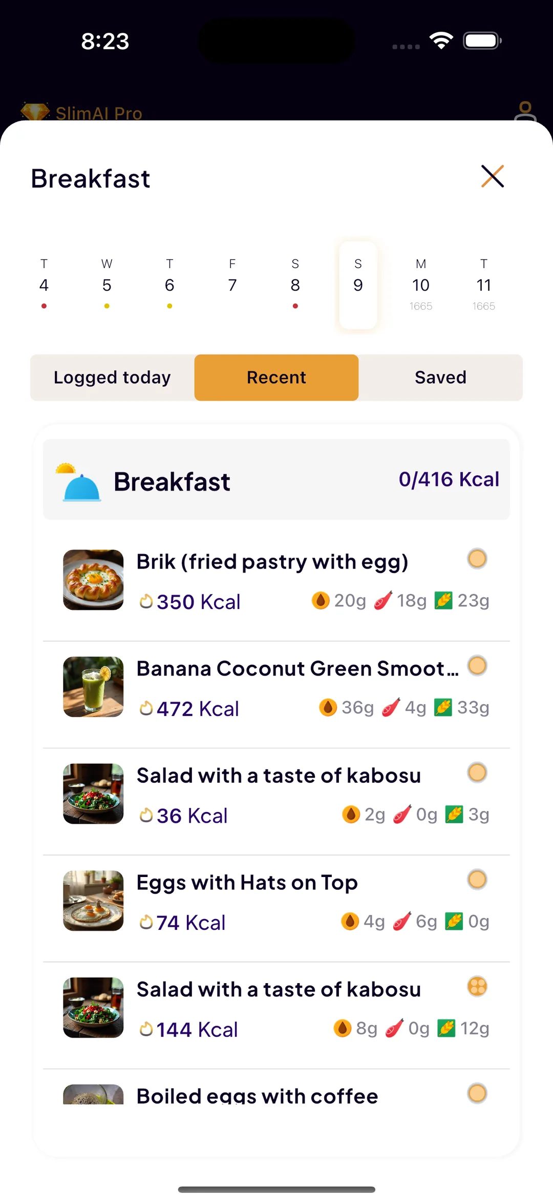The SlimAI meal log showing breakfast dishes, each with its calories and fat, protein and carb grams
