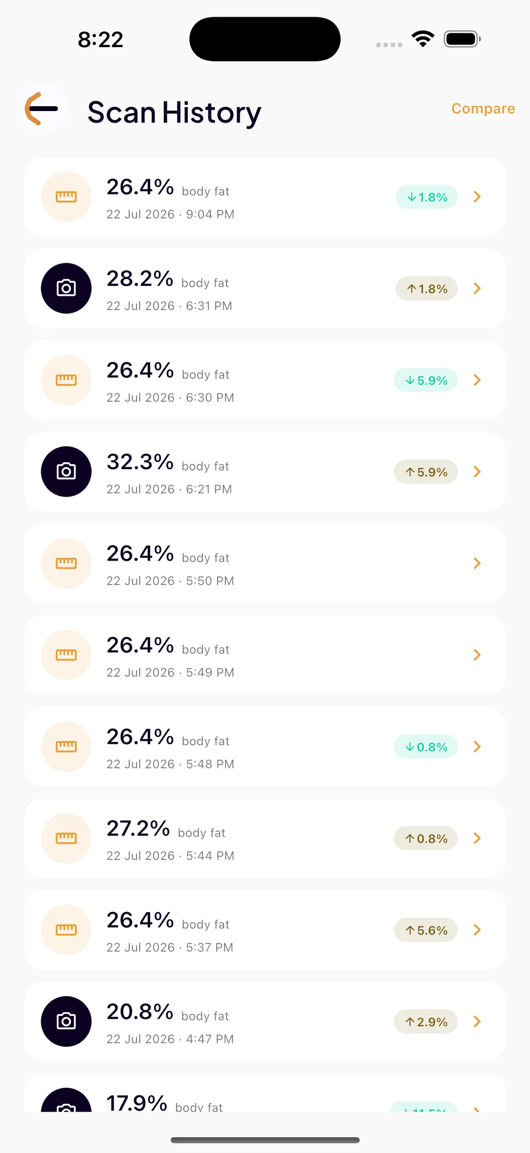SlimAI scan history listing past body fat estimates by date, each showing how much it moved since the previous scan