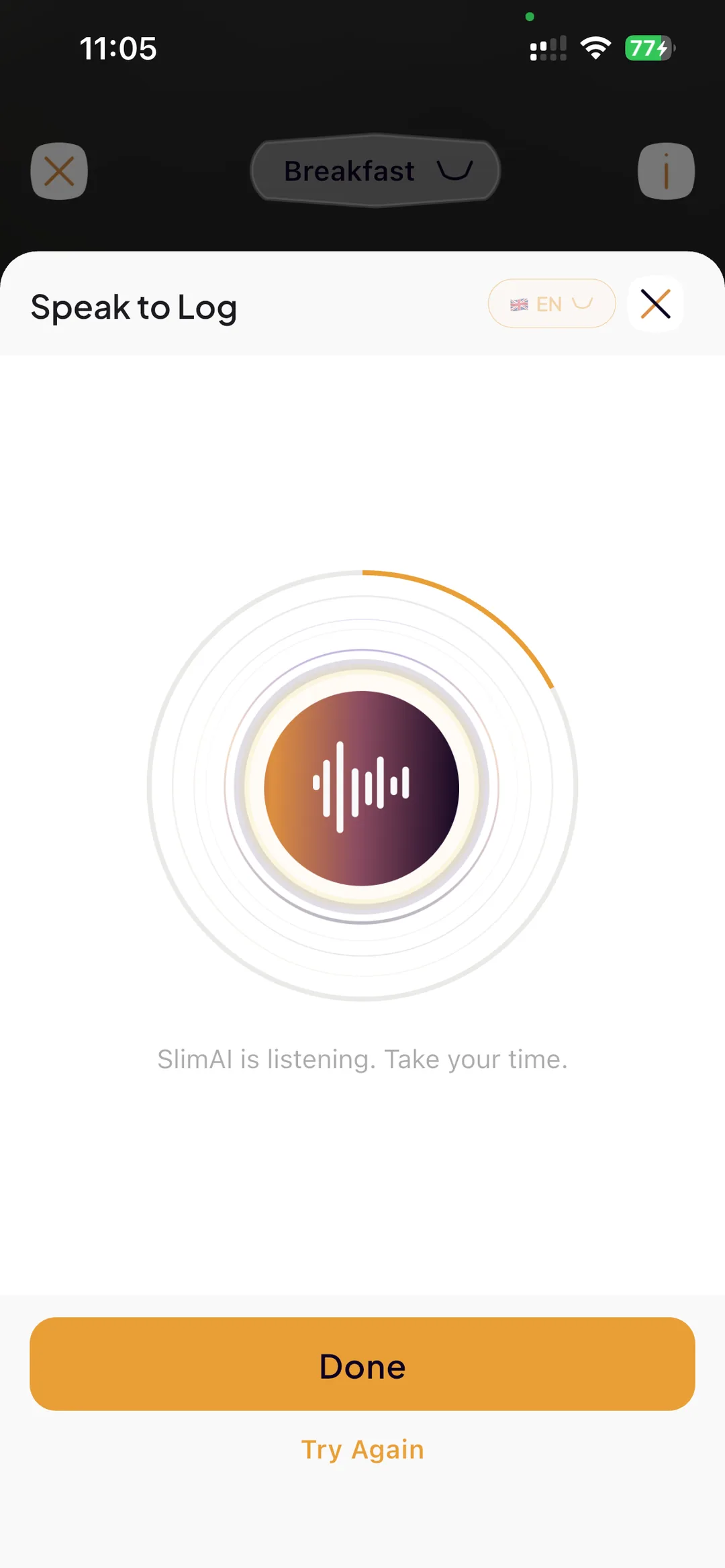 SlimAI listening during voice logging, showing a recording ring and the message “SlimAI is listening. Take your time.”
