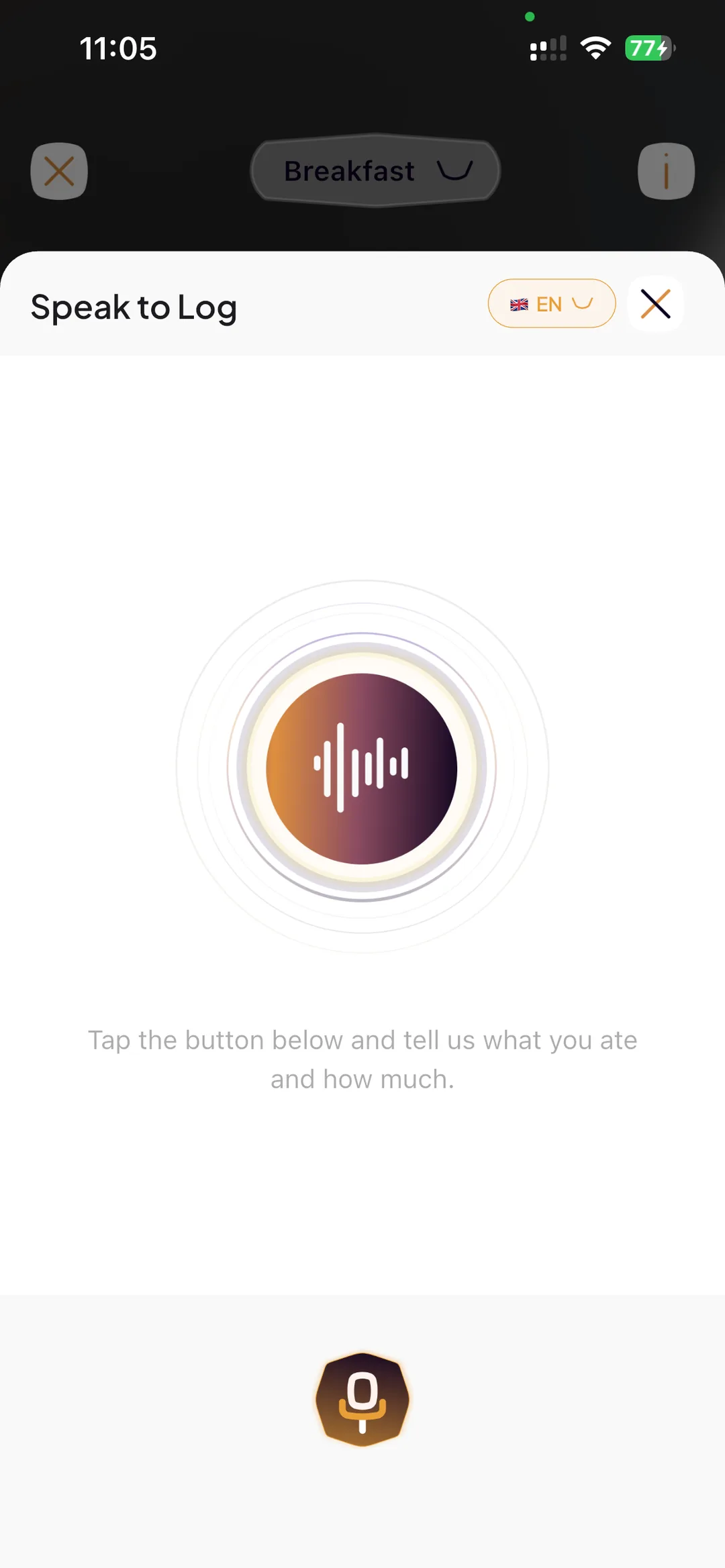 The Speak to Log screen in SlimAI, prompting you to tap and say what you ate and how much, with the language set to English