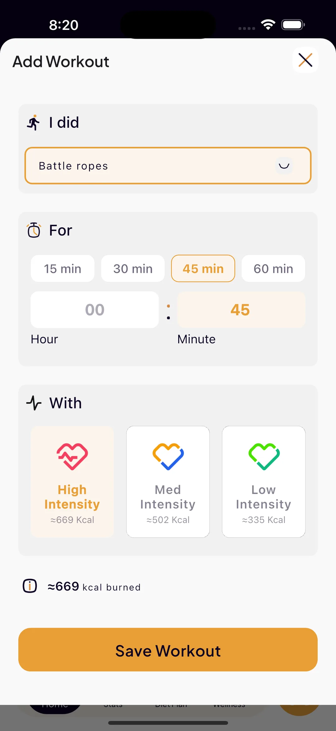 Adding a workout in SlimAI: choosing the exercise, a 45-minute duration, and high, medium or low intensity, each showing its own estimated calories burned