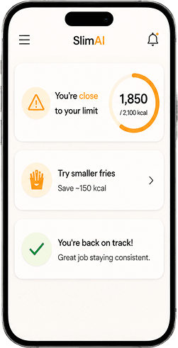 SlimAI flagging 1,850 of 2,100 kcal used, suggesting smaller fries to save 150 kcal, then confirming you are back on track